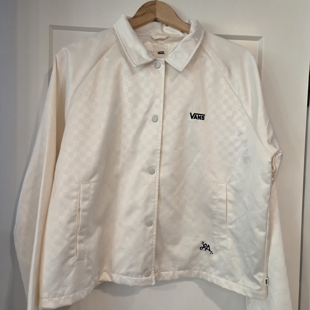 Vans White Satin Checkerboard Coach Jacket Snap Front Streetwear Skate Style XL